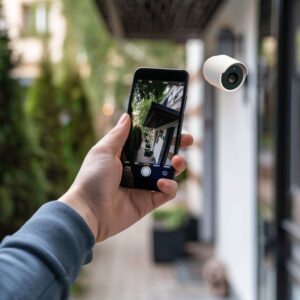 Kamera sigurie me bateri dhe wifi e instaluar në hyrje të shtëpisë, e lidhur me aplikacionin në celular.